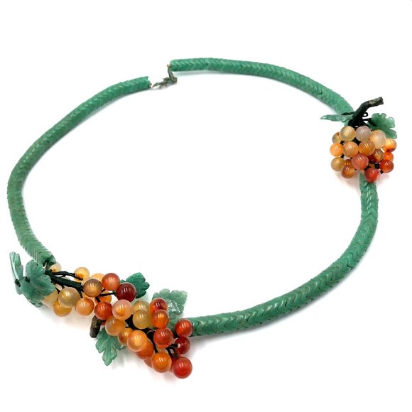 Chinese Jade Stone Green & Amber Hand Made Grape Cluster Necklace Unique - Picture 1 of 9